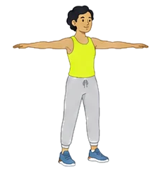 Animated demonstration of standing arm circles in a volt-green tank top